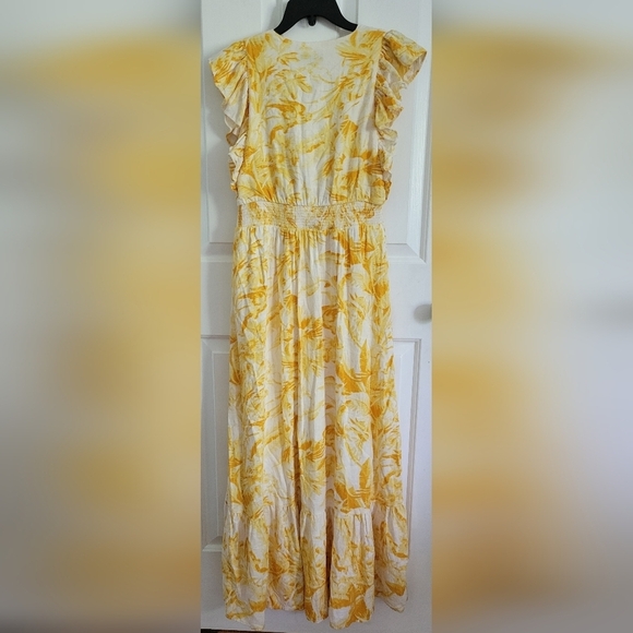 Express Yellow Gold Printed Flutter Sleeve Tie Front Midi Linen-Blend Dress Sz S - Picture 9 of 9